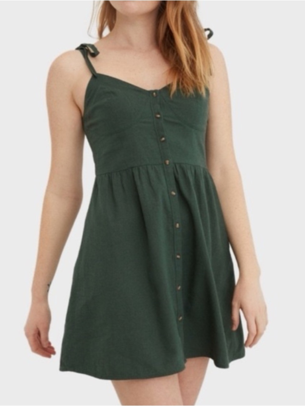 Aerie Green Linen Blend Button Front Mini Dress Tie Strap S
